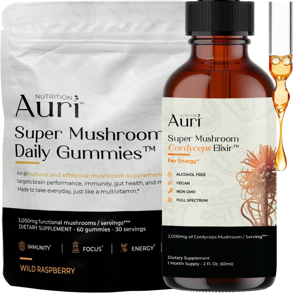 Auri Energy & Imune Boost Pack Super Cogumelo Pastilhas Diárias Cordyceps Elixir Bundle - Bem-Estar Diariamente para Foco, Estamina e Longevidade - 60 Gummies + 60ml Tintura