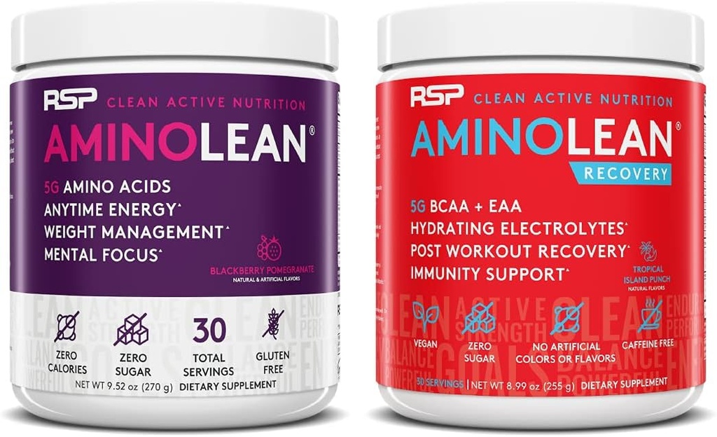 RSP NUTRITION AminoLean Pré-treino Energia (BlackBerry Pomegranate 30 Servings) com AminoLean Recuperação Pós-treino Boost (Tropical Island Punch 30 Servings)