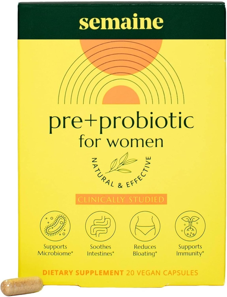 Semaine Super Powered Prebiótico + Probiótico para Mulheres, Fórmula 3-em-1 eficaz Multi-Action para Nurish Gut Health, Soothe IBS, Suporte Bloat Relief & Immunity Boost, Clinically-Studied (20 ct)