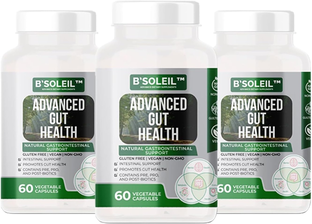 B’SoleilTM Pack of 3 Advanced Gut Health Probiotics - Pré, Pro & Pós Biotics - Suporte Gastrointestinal Natural - Gluten Free, Vegan & Non-GMO - 25 bilhões UFC - 60 cápsulas em cada embalagem