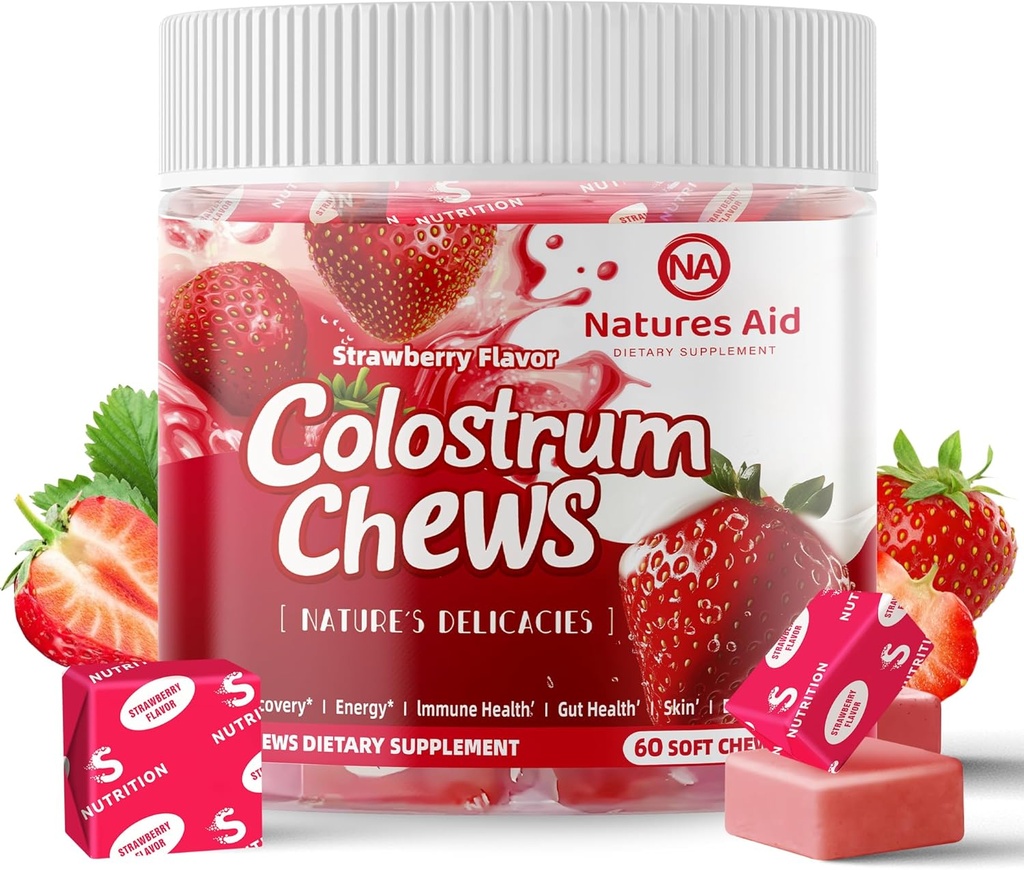 Colostrum Chews Suplemento com probióticos para Gut Health, Bloating, Imune Support, Pele, Crescimento do cabelo e beleza - Strawberry Flavor (60 Servings)