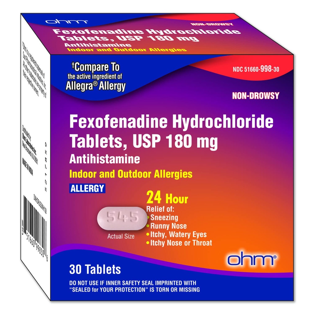 Ohm Não-Drowsy Fexofenadina Anti-histamínico Interior Alergia Alívio Comprimidos 30ct