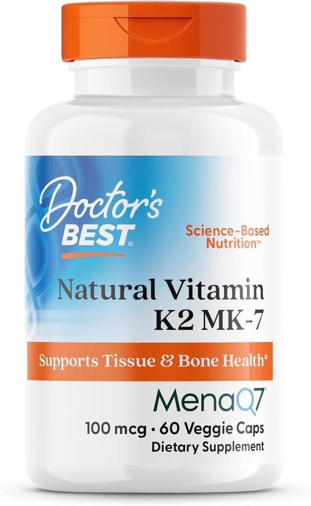 Doctor's Best Natural Vitamina K2 MK7 Suplemento para homens e mulheres - Apoio à saúde óssea, 100 mcg Vitamina K-2 MK-7 Cápsulas com MenaQ7, Suporte de cálcio, Não OGM, Vegan - 60 Veg Caps