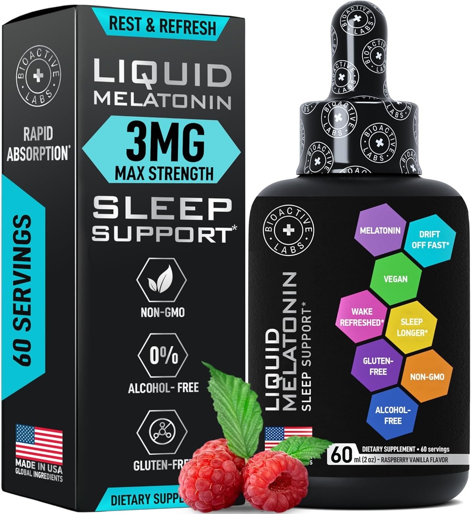 Melatonina líquida para adultos e crianças - 3mg de força extra Melatonina líquida sublingual para crianças e adultos - Dormir gotas lipossomais rápidas - Natural Framboesa Flavor Ajuda ao sono - 60ml