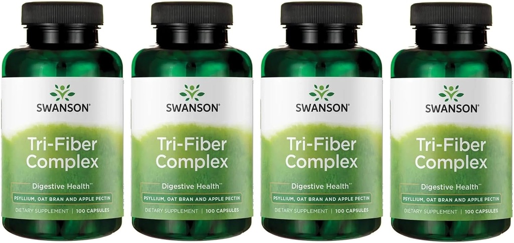 Complexo de Tri-Fiber Swanson - Suplemento de Saúde Digestiva Made with Psyllium, Aveia Bran, & Apple Pectin - (100 Cápsulas) (4 Embalagem)