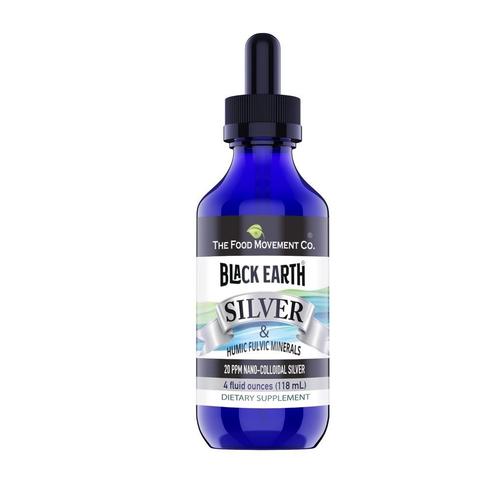 The Food Movement Co. Black Earth Silver 20ppm 4 oz Dropper - Vegan Coloidal Silver Liquid com Humic e Ácidos Fulvicos e Trace Minerals para Digestão, Apoio Imune, e Saúde Corpo inteiro
