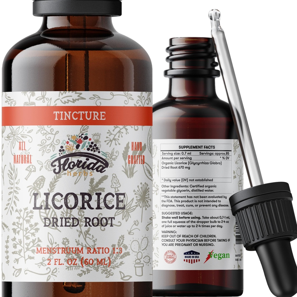 Tintura de alcaçuz, Extrato de alcaçuz orgânico (Glycyrrhiza Glabra) Raíz seca, Suplemento de ervas, Não-GMO em Glicerina vegetal orgânica a frio 2 onças, 670 mg