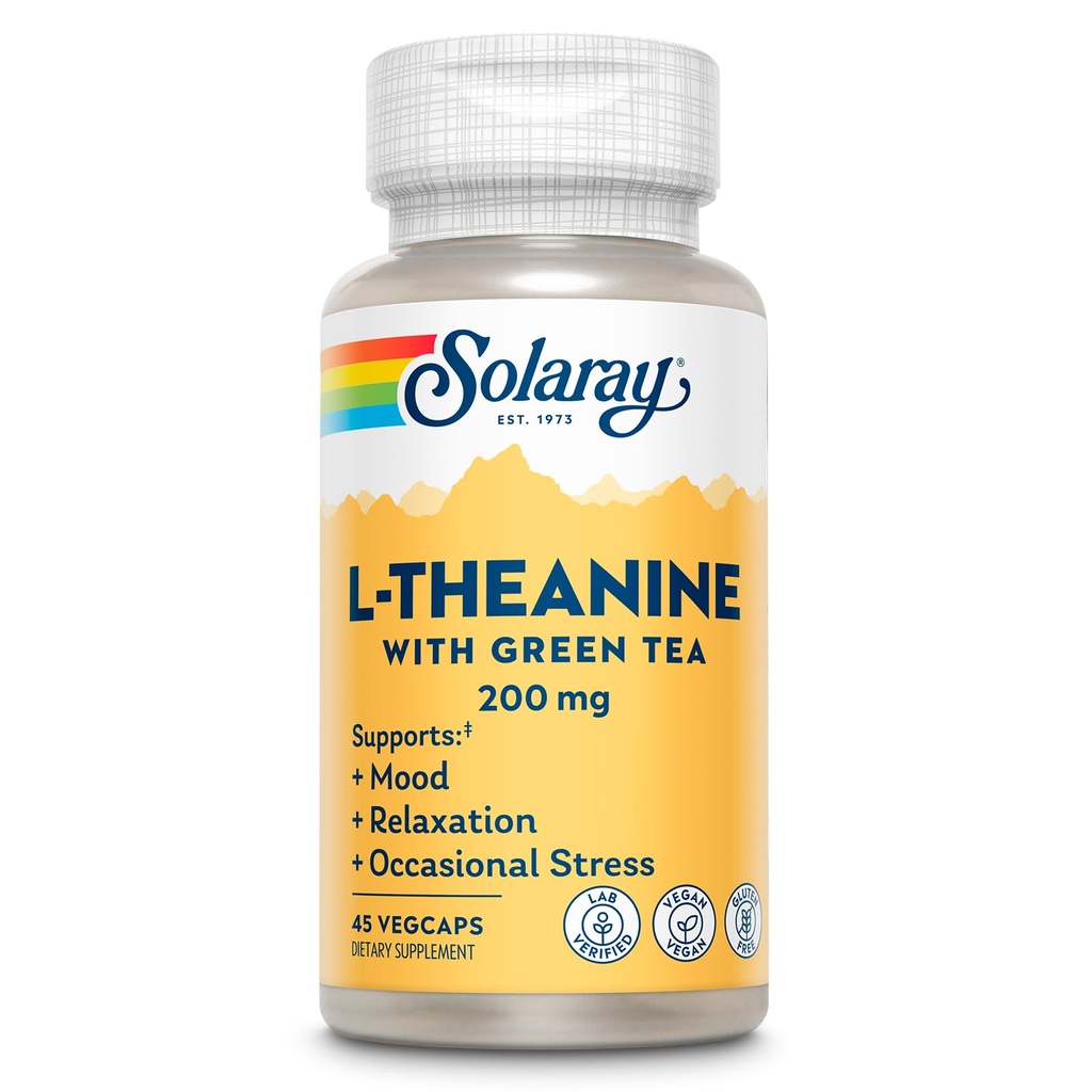 SOLARAY L-Theanina 200mg com chá verde - humor saudável, relaxamento e suporte de estresse ocasional - Lab verificado, Vegan, Gluten Free - 45 Servings, 45 VegCaps