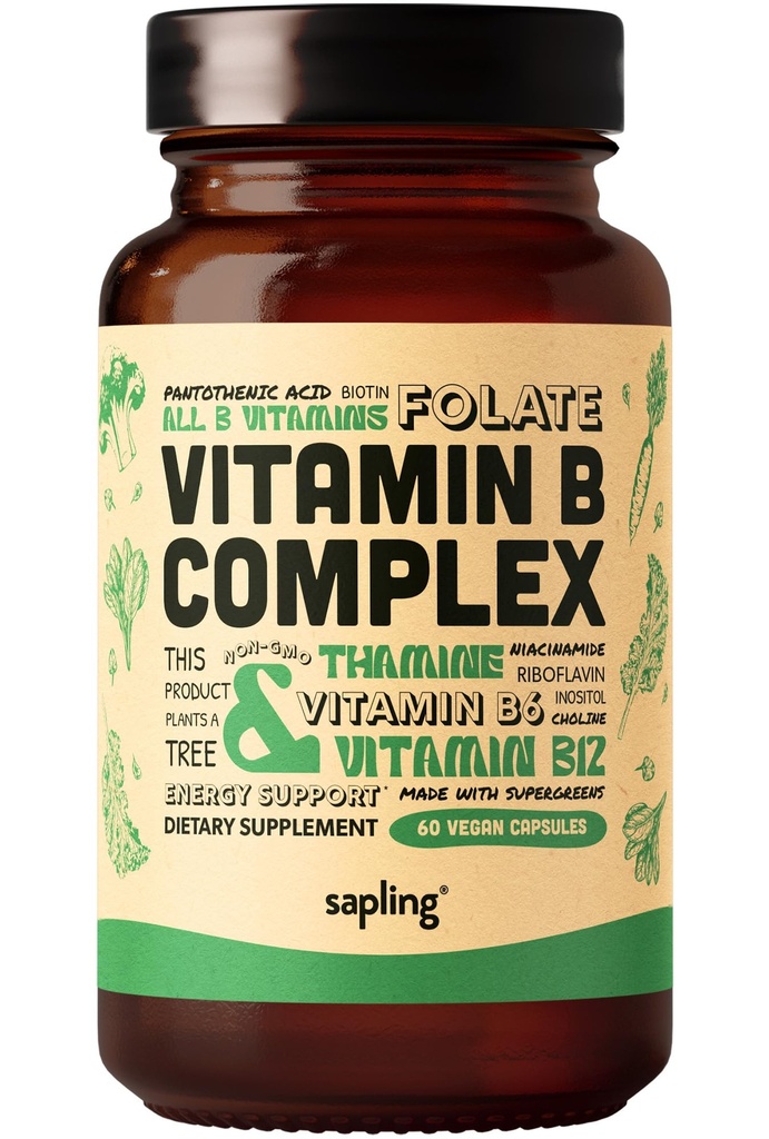 sapinho Vegan Vitamina B Complexo - Mistura de alimentos inteiros com vitaminas B Essential B1, B2, B3, B5, B6, B7, Folato, B12-60 Caps