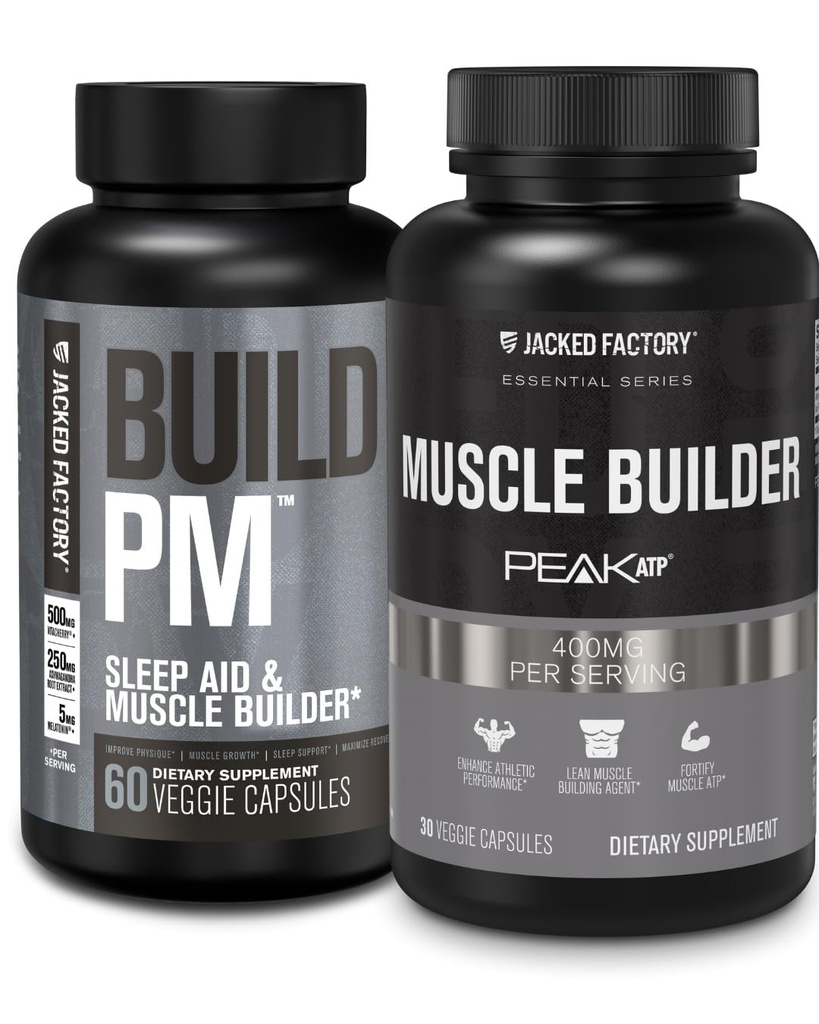 Jacked Factory Build PM Night Time Muscle Builder & Sleep Aid (60 cápsulas) & Essentials Muscle Builder - Daily Strength Builder para homens com pico ATP (30 cápsulas)