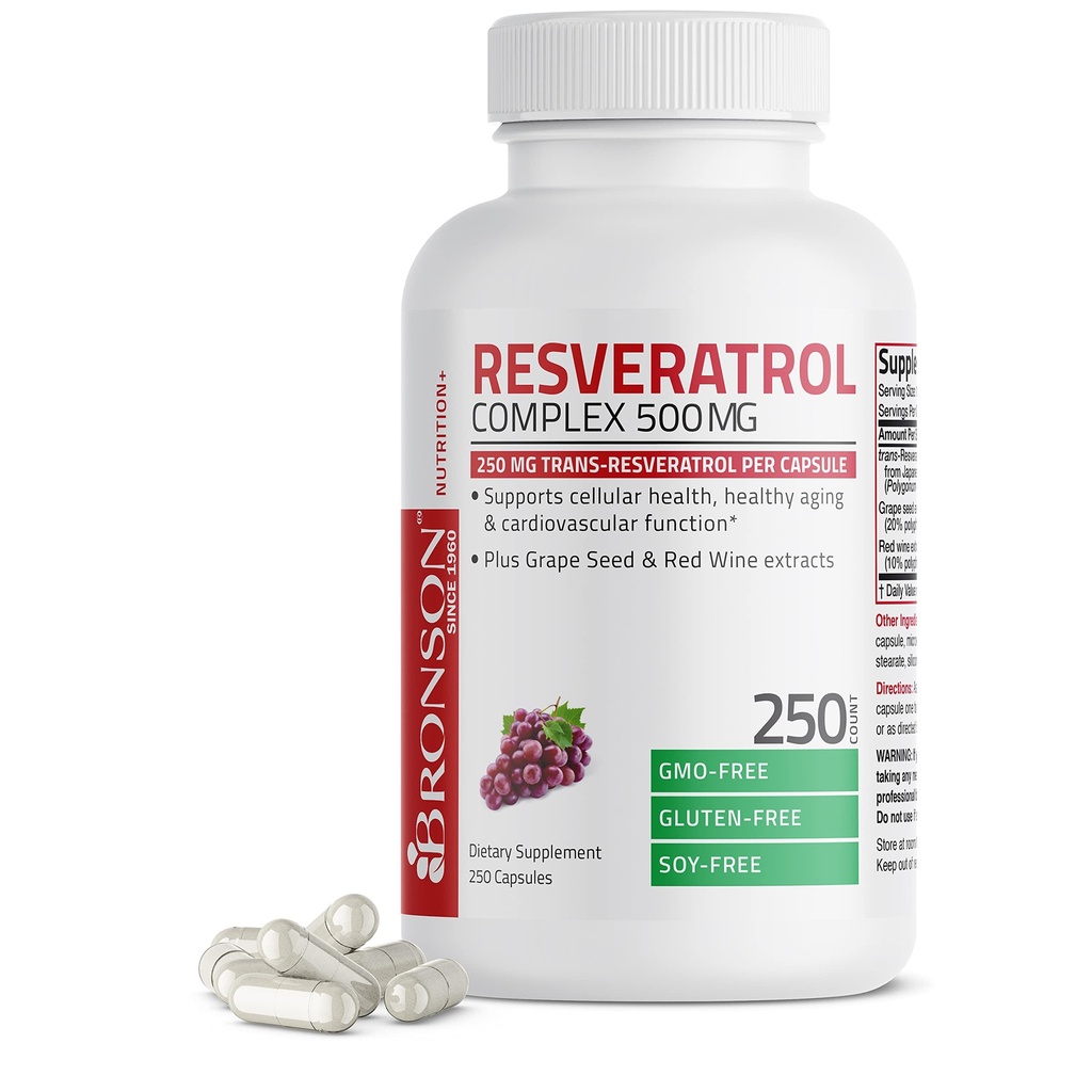 Bronson Resveratrol 500 Complex Standardized Trans-Resveratrol + Sementes de uva & Extrato de Vinho Vermelho, 250 Cápsulas
