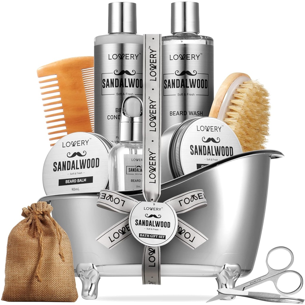 Mens Gifts, Sandalwood Beard Grooming Kit, Mens Grooming Kit para o namorado pai, Ele, 11pc Barba alisador para homens Barba cuidados, crescimento da barba e aparar presente, óleo de crescimento de lavagem de barba & mais