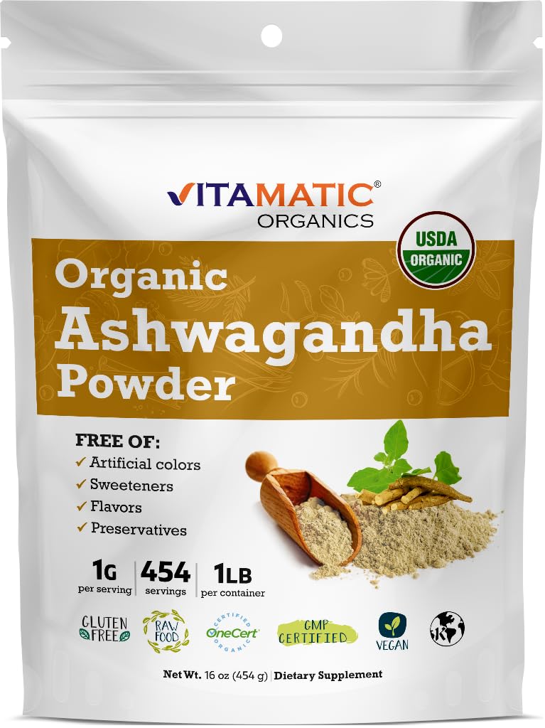 Vitamatic Certified USDA Organic Ashwagandha Powder – 1 lb (16 onças) Withania Somnifera