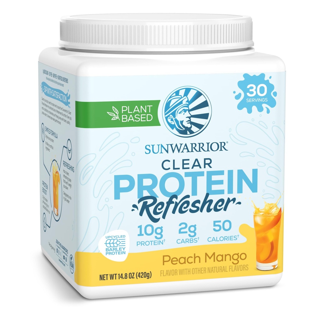 Sunwarrior claro proteína em pó mistura de água baseada em plantas, Vegan e refrescando proteína e Hydration Suplemento 10g por servir pêssego Mango flavored 420g Tub 30 Servings