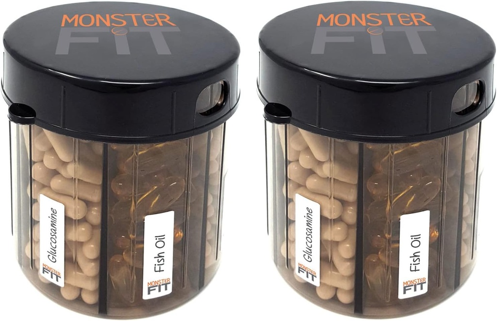 Dispensador de comprimidos de suplemento de monstro com rótulos de compartimento - Extra grande frasco de comprimido alças quase qualquer suplemento - Fácil de distribuir (Monster Fit - 2 Pack)