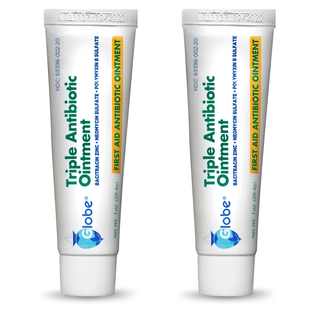 Globo Triplo Antibiótico Primeiros Socorros Pomada, 1 oz (2-Pack) Primeiros Socorros Antibióticos Pomada, 24 horas de proteção de infecção, tratamento de feridas para pequenos raspas, queimaduras e cortes