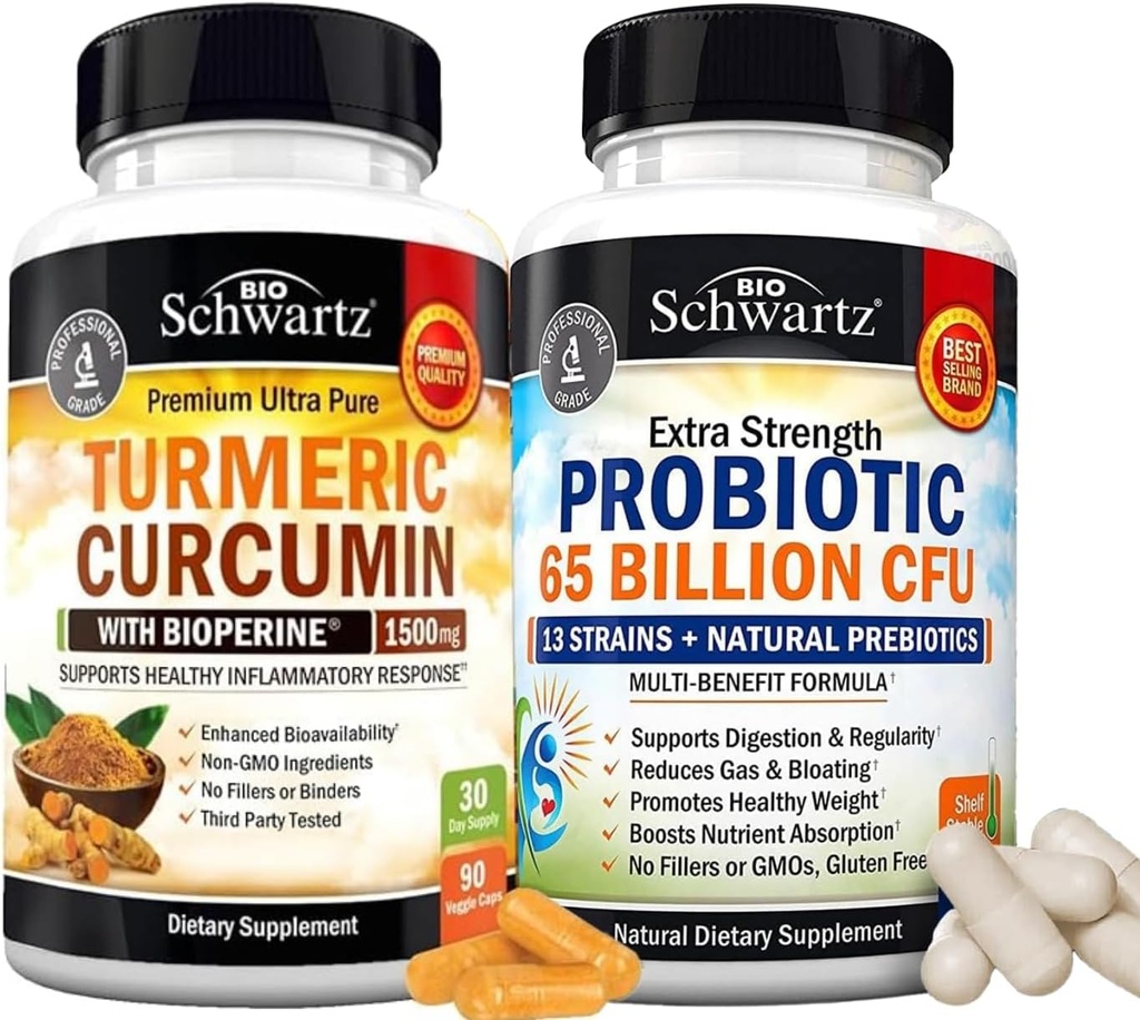 65 bilhões de UFC Suplemento Probiótico Diário (1 Mês de Abastecimento) Mais Curcumina Acumérica com Extrato de Pimenta Preto 1500mg Complexo (tamanho experimental)