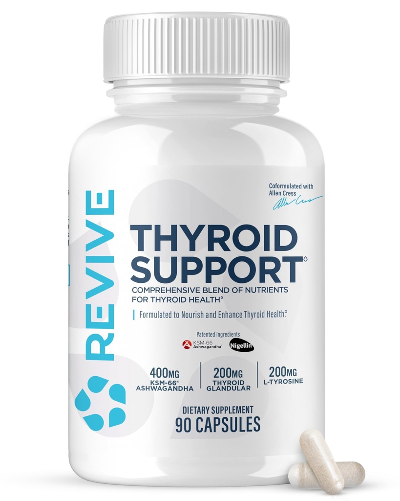 Revive MD Thyroid Support Supplement for Men & Women - Mistura abrangente de nutrientes Suporta função saudável da tireóide com vitaminas essenciais, minerais e ervas (90 cápsulas, 30 servimentos)