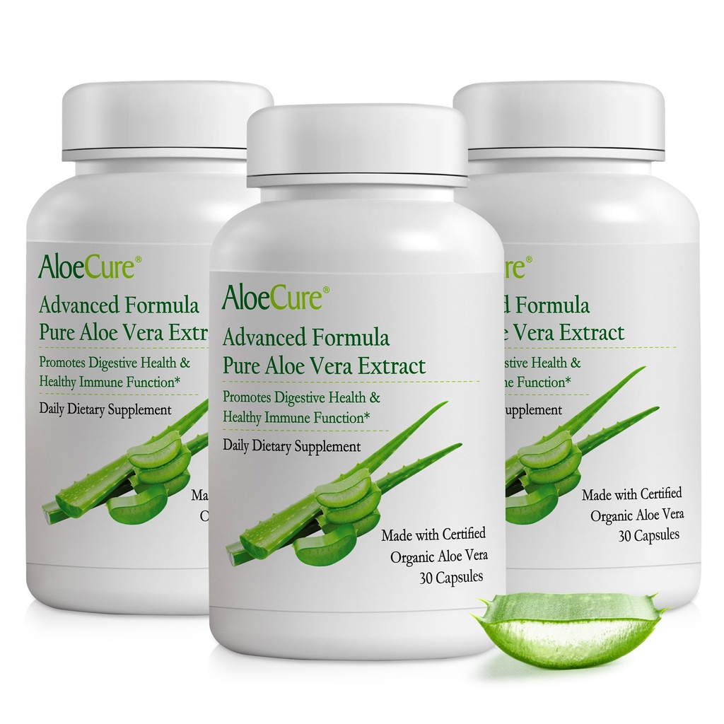 AloeCure Organic Aloe Vera Cápsulas, 160,000mg Inner Aloe Leaf Equivalente por Serviço, Gut de suporte, Digestivo, & Saúde Imune, Ajuda a manter acidez do estômago equilibrado, Aloin Free, 30Caps x 3Btl