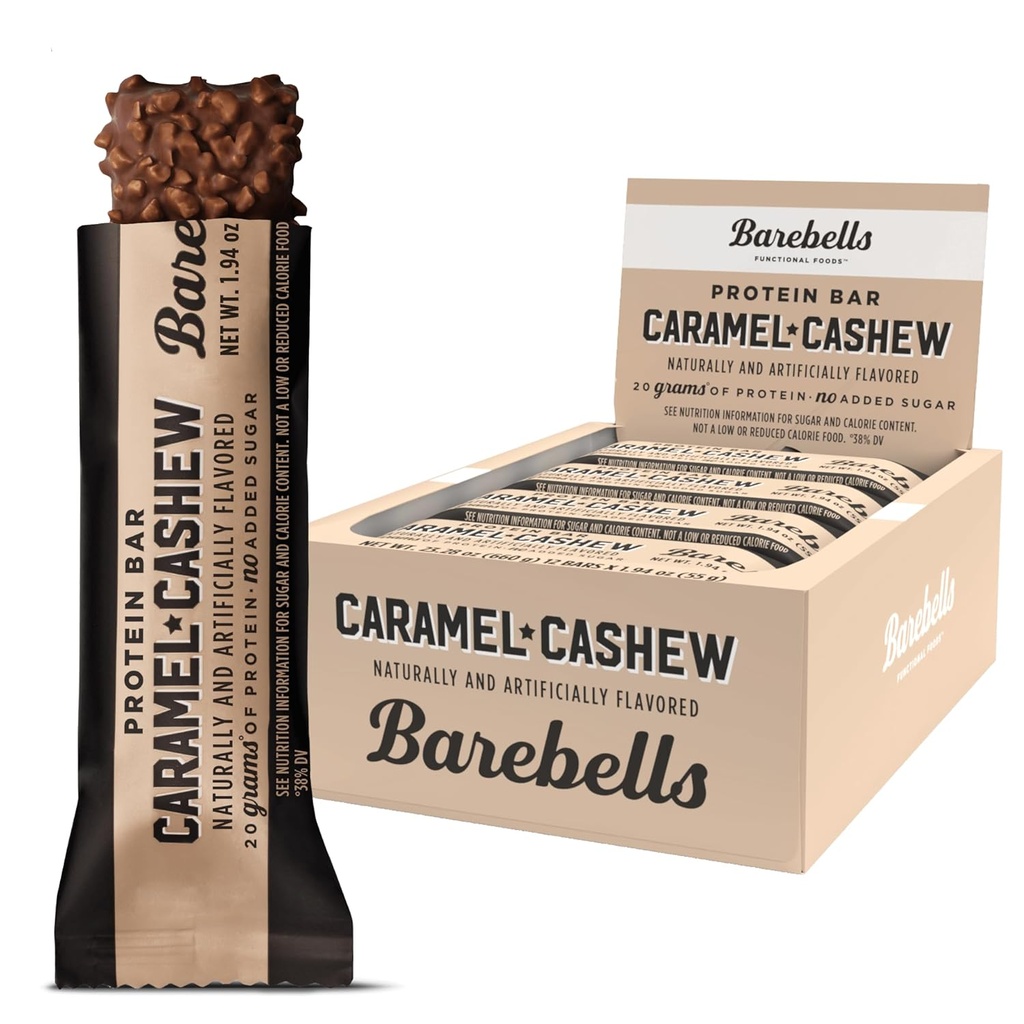 Bares de proteína Bares Caramel Caju - 12 Count, 20g Alta Protein Treats - Chocolate Nutrition Bar com 1g Total de Açúcares - Café da manhã on-the-go ou pós-treino