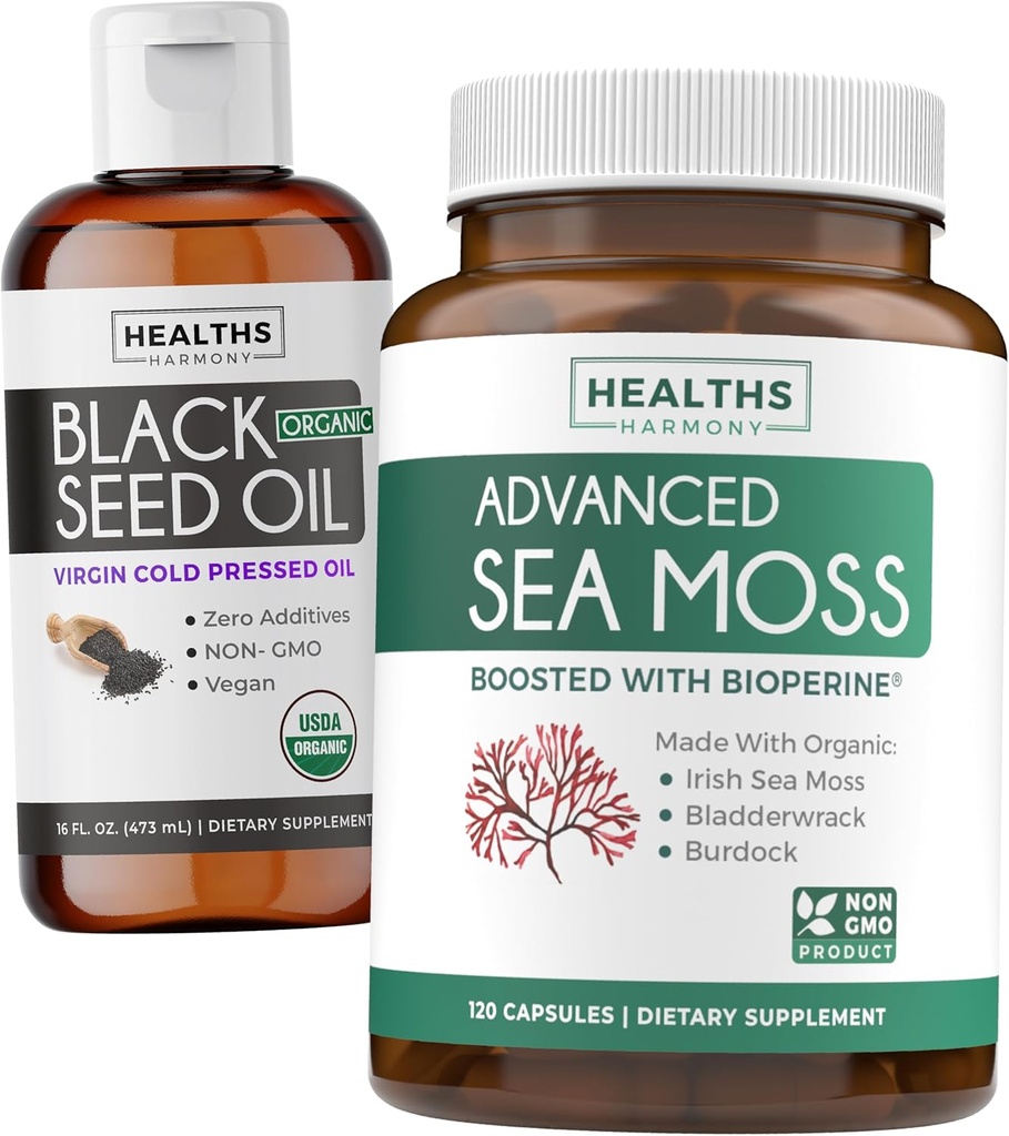 Black Seed Oil Liquid & Sea Moss (fornecimento de 2 meses) Sea & Seed Fusion Bundle - Black Seed Oil Liquid (16fl.oz) Premium Clack Cumin Seed Oil & Organic Irish Sea Moss with BioPerine - Vegan