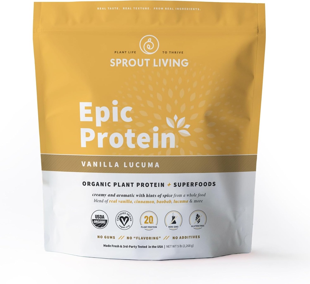 Sprout Vivendo proteína épica, proteína baseada em plantas e superalimentos em pó, Vanilla Lucuma em pó, 20 gramas de proteína orgânica em pó, Vegan, Não lácteos, Não-GMO, Sem glúten, Baixo açúcar (5 Libras, 60 Servings)