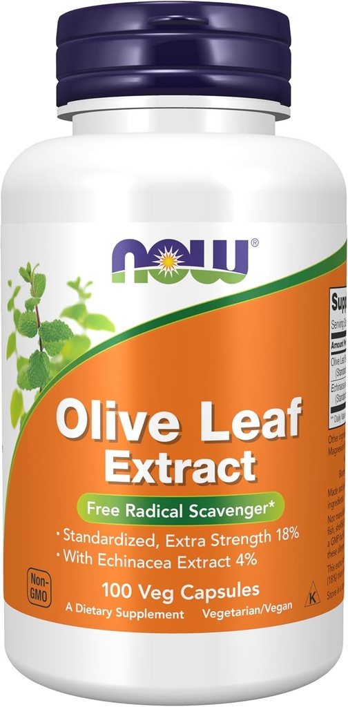 Now Foods Supplements, Extrato de Folha de Oliva com Extrato de Echinacea 4%, Força Extra, Free Radical Scavenger*, 100 Veg Cápsulas