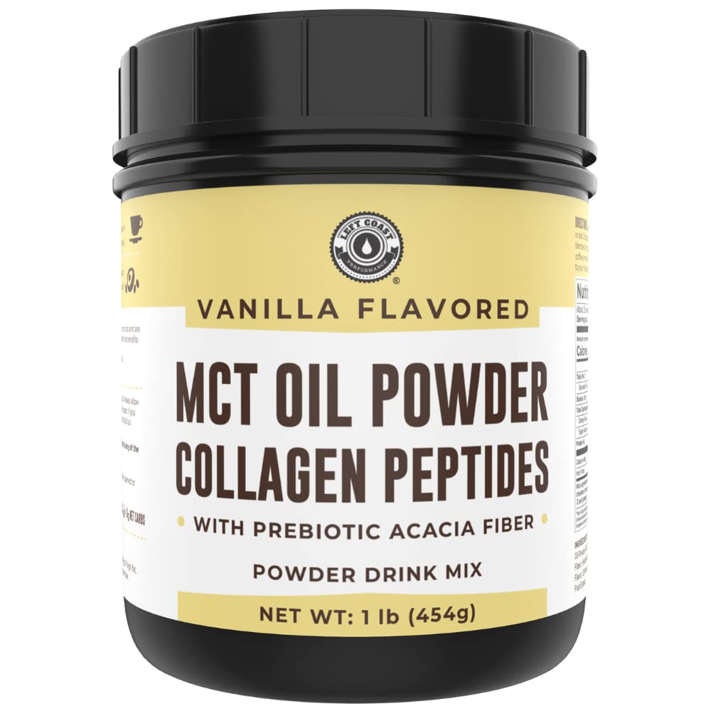 Keto MCT Oil Powder + Colágeno + Fibra Prebiótica de Acacia, Vanilla Flavor, 16 onças. MCT Oil Powder de coco. Colágeno alimentado de grama, perfeito para Keto, 0 Carb líquido, Stevia, Eritritol, Bebidas em pó