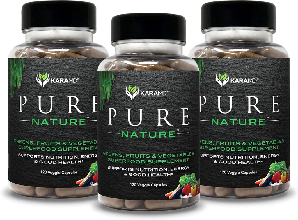 KaraMD Puro Natureza Verdes, Frutas e vegetais Suplemento    , Vitaminas, Fibra & Antioxidantes , 20 Frutas e vegetais Suplementos para Energia e Digestão , Gluten Free & Vegan Friendly (3 Pack)