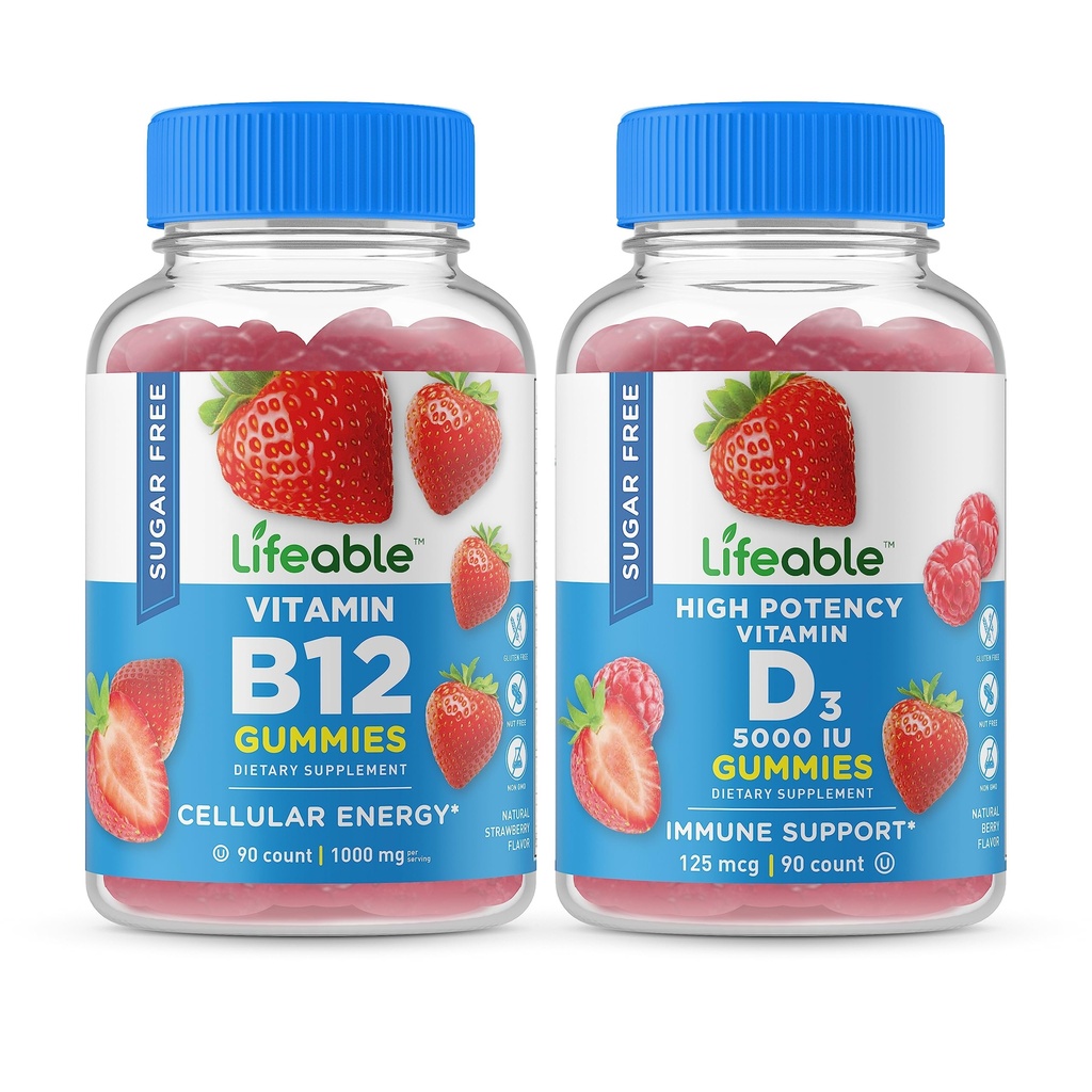 Vitamina B12 livre de açúcar vivo + Vitamina D 5000 UI, chicletes Bundle - Grande degustação, Suplemento de vitamina, Sem glúten, GMO livre, chiclete mastigável