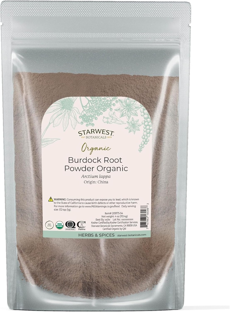Starwest Botanicals Burdock Root Powder Organic - Fonte Natural de Antioxidantes, Erva solta para chá, arroz, sopa, & ensopados, Kosher certificado, Não-GMO - 4 oz Pouch