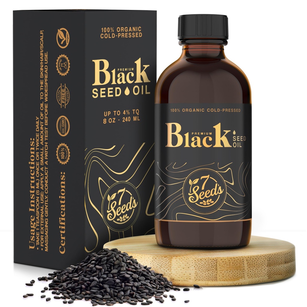 7 sementes frio prensado óleo de semente preta - 240 ml frio prensado Nigella Sativa Líquido para suporte imunológico, apoio à inflamação, digestão, cabelo e pele (8 Fl Oz)