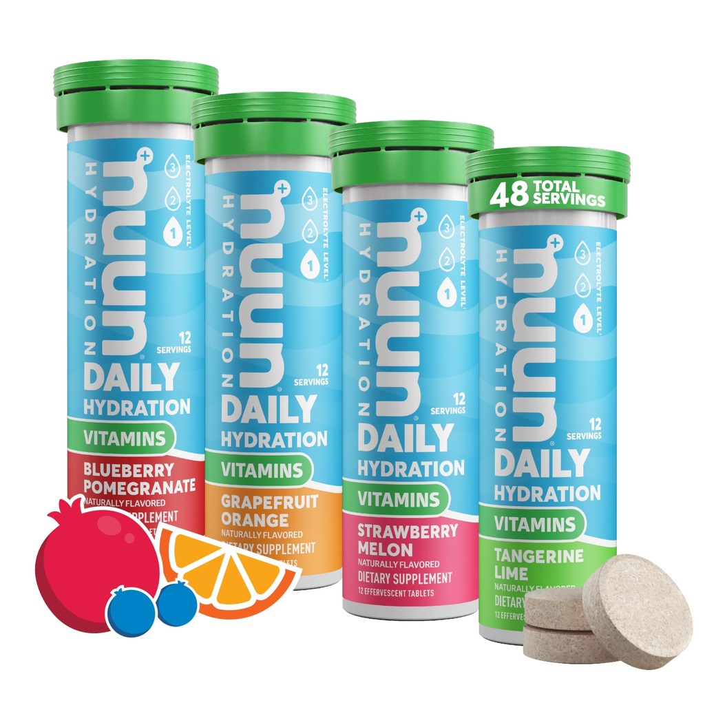 Vitaminas Nuun Comprimidos Eletrolíticos com vitamina D, C, E, A, & B6, Ácido Fólico, Magnésio e 4 Outros Eletrólitos Essenciais, Glúten Livre & Vegan, Fruta Misturada, 4 Pack (48 Servings Total)