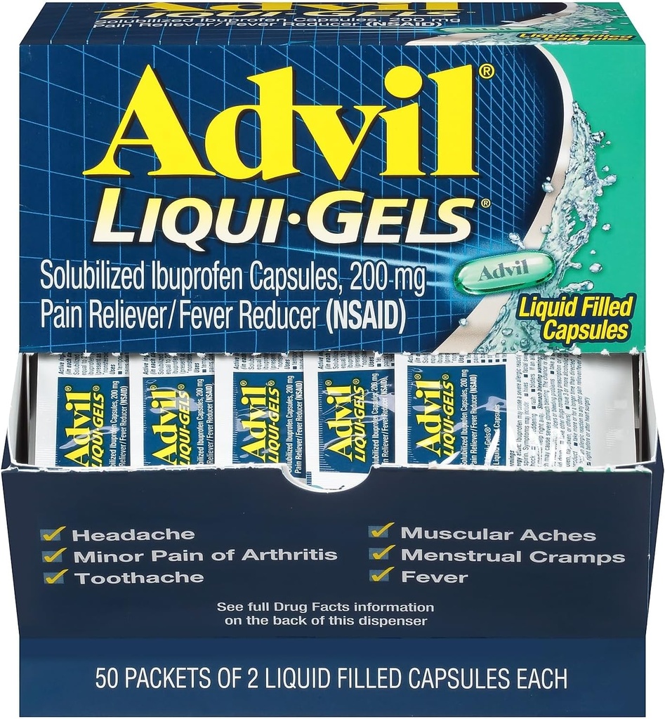 Advil Liqui-Gels Reliever/Redutor de Febre, Ibuprofeno solubilizado 200mg, 2/Packet, 50 Packets/Box (016902)
