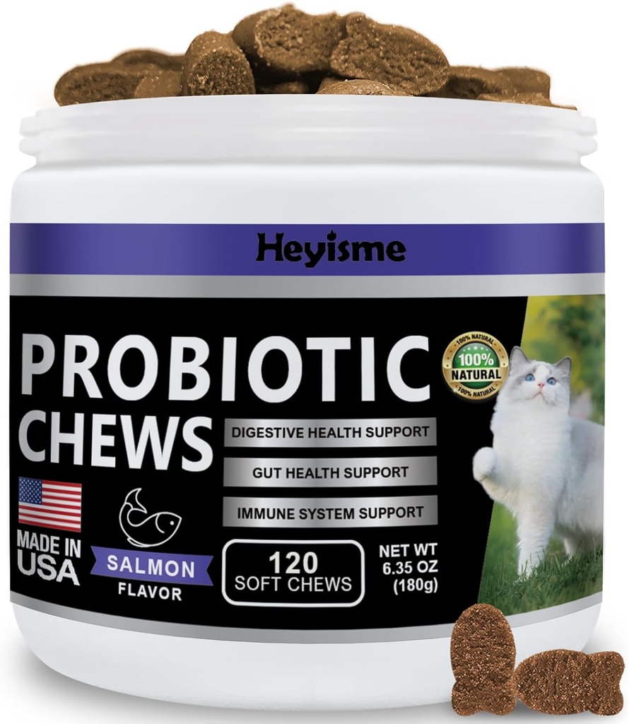 Gato Probiótico, Mastiga para Gut e Saúde Imune, Gatos Probiótico Suplemento para Apoio Digestivo Gato, Digestão Saudável, Obstipação de Gato e Alivio Diarréia (120 comprimidos, salmão)