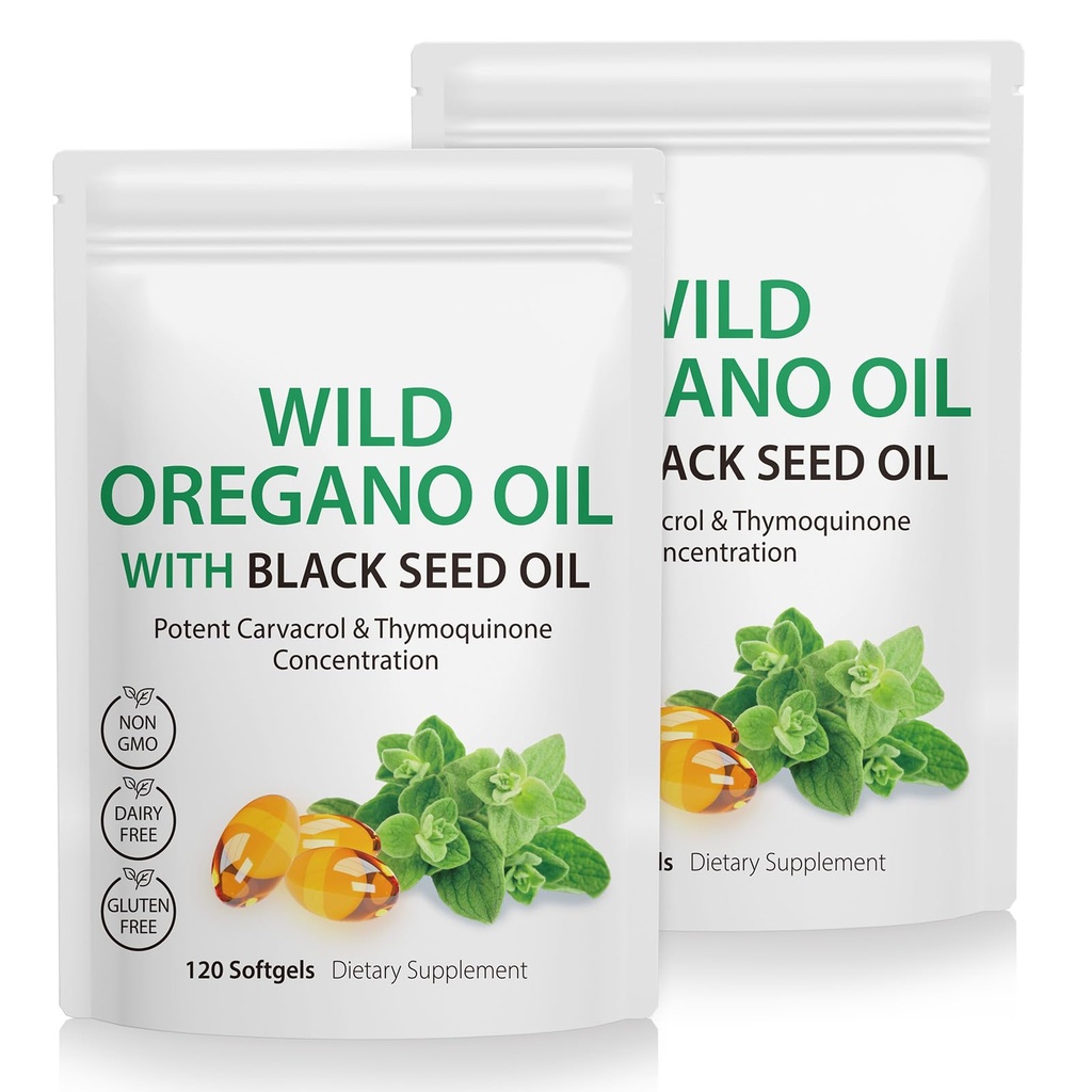 2 Embalagem Óleo de Orégano Softgels, Orégano Oil Cápsulas, 165mg Carvacrol, 2 em 1 Óleo Formulado de Orégano com óleo de semente preta 200mg, Orégano Oil Suplemento Cápsulas