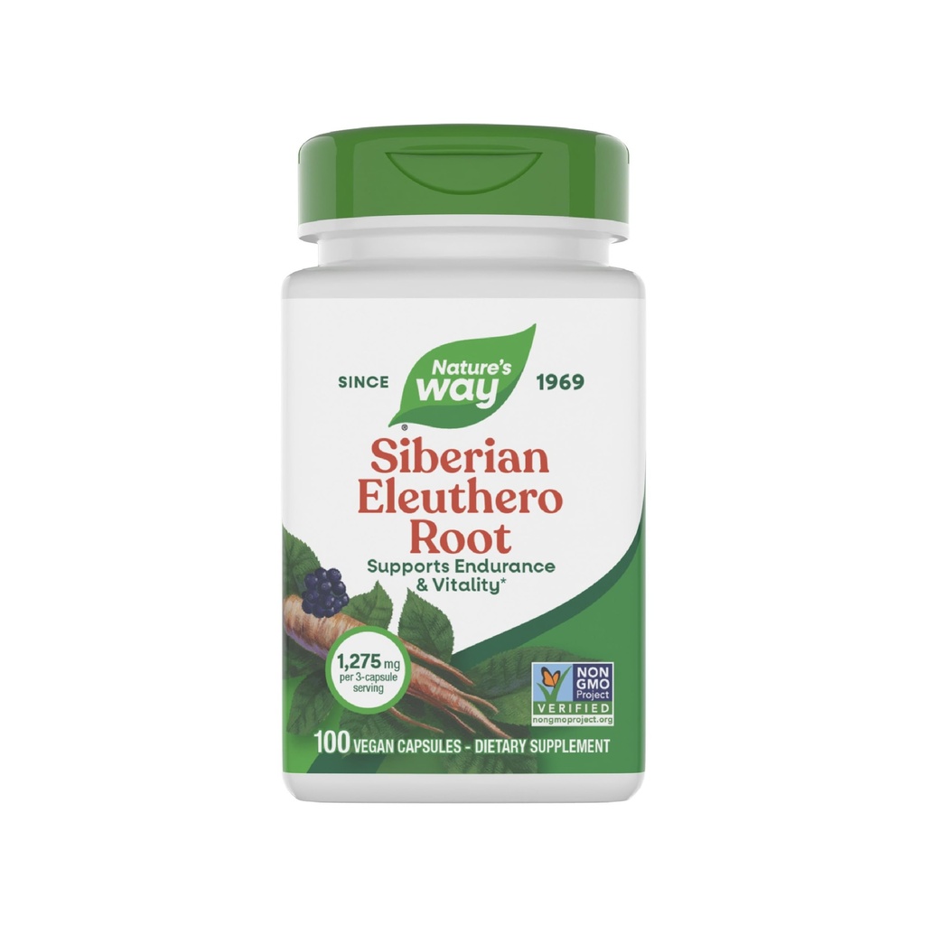 Nature's Way Premium Herbal Siberian Eleuthero Root Supplement, Suporta Endurance & Vitality*, Adaptogen*, 1.275mg por serviço de 3 cápsulas, Projeto não-GMO verificado, 100 Cápsulas (Pacote de Maio Vary)