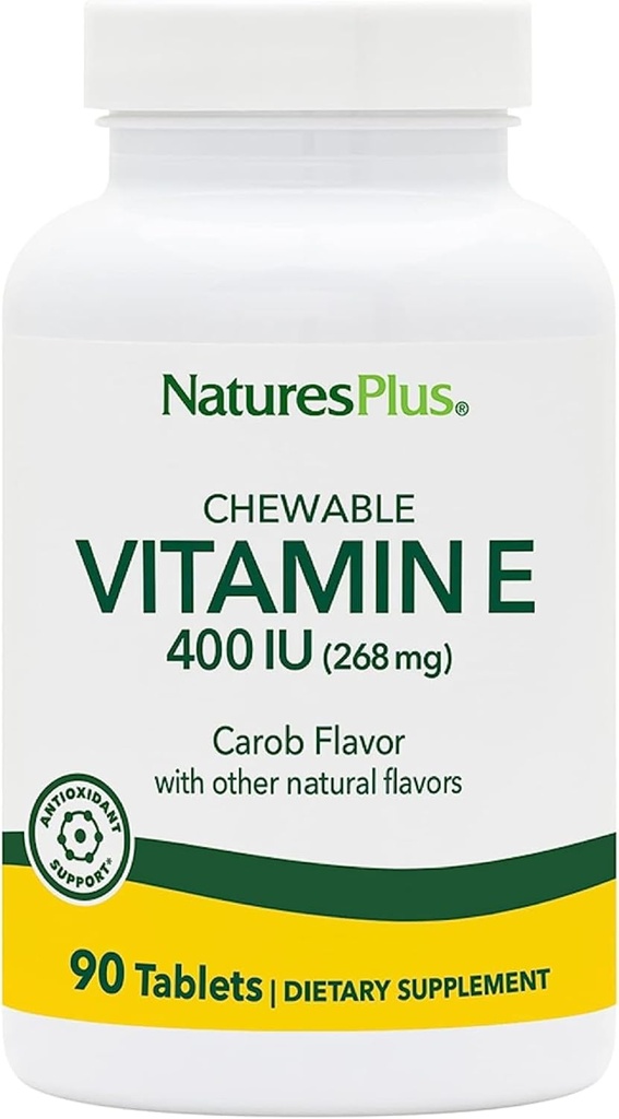 NaturesPlus Vitamina E, sabor de alfarroba natural - 90 comprimidos mastigáveis, pacote de 2 - Free-Radical Defense & Global Well-Being - Vegetarian, Gluten Free - 180 Total Servings
