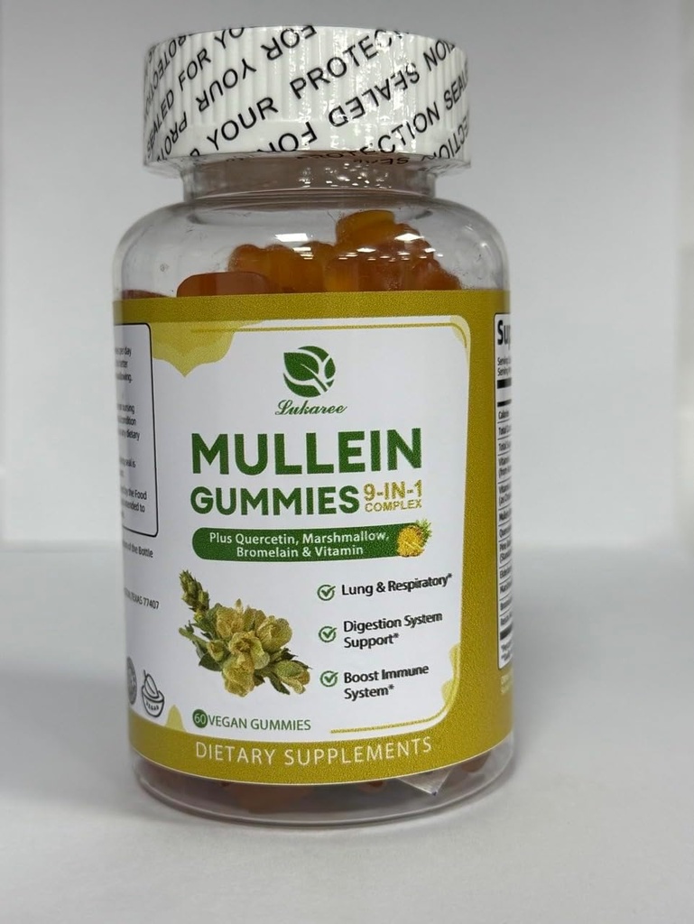 Lukaree 9 em 1 Gummies Mullein, Mullein Leaf Extract w/Quercetin, Bromelain, Elderberry & Marshmallow para Imune, Vegan,60 Contagem