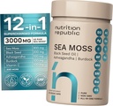 Sea Moss Supplement, Sea Moss Cápsulas com óleo de semente preta, Ashwagandha e Burdock Root, Suplemento Multimineral com vitamina C, 60 Cápsulas Veggie