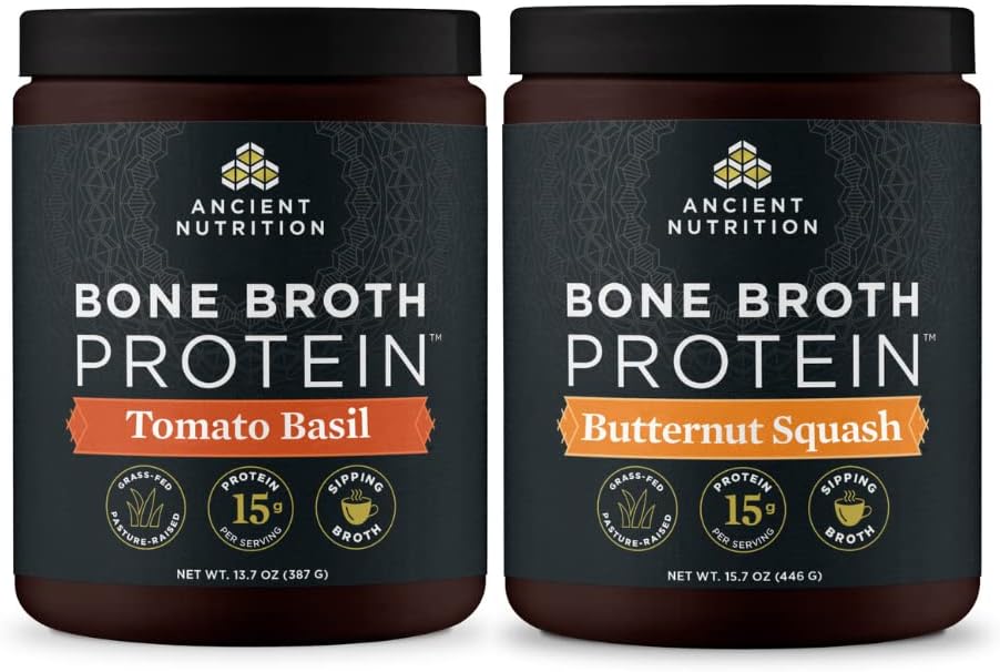 Nutrição antiga caldo ósseo proteína pó, tomate Basil, 15 Servings + osso caldo proteína pó, abóbora, 15 Servings