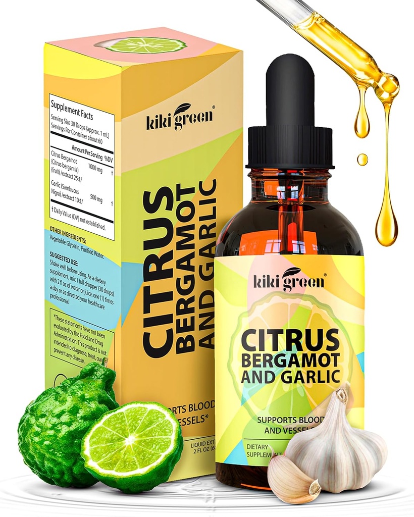 KIKI Verde líquido Citrus Bergamot & extrato de alho - Citrus Bergamot Suplemento para saúde do coração, suporte do sistema imunológico e saudável envelhecimento não-GMO, sem glúten Suplemento 2 Fl Oz.