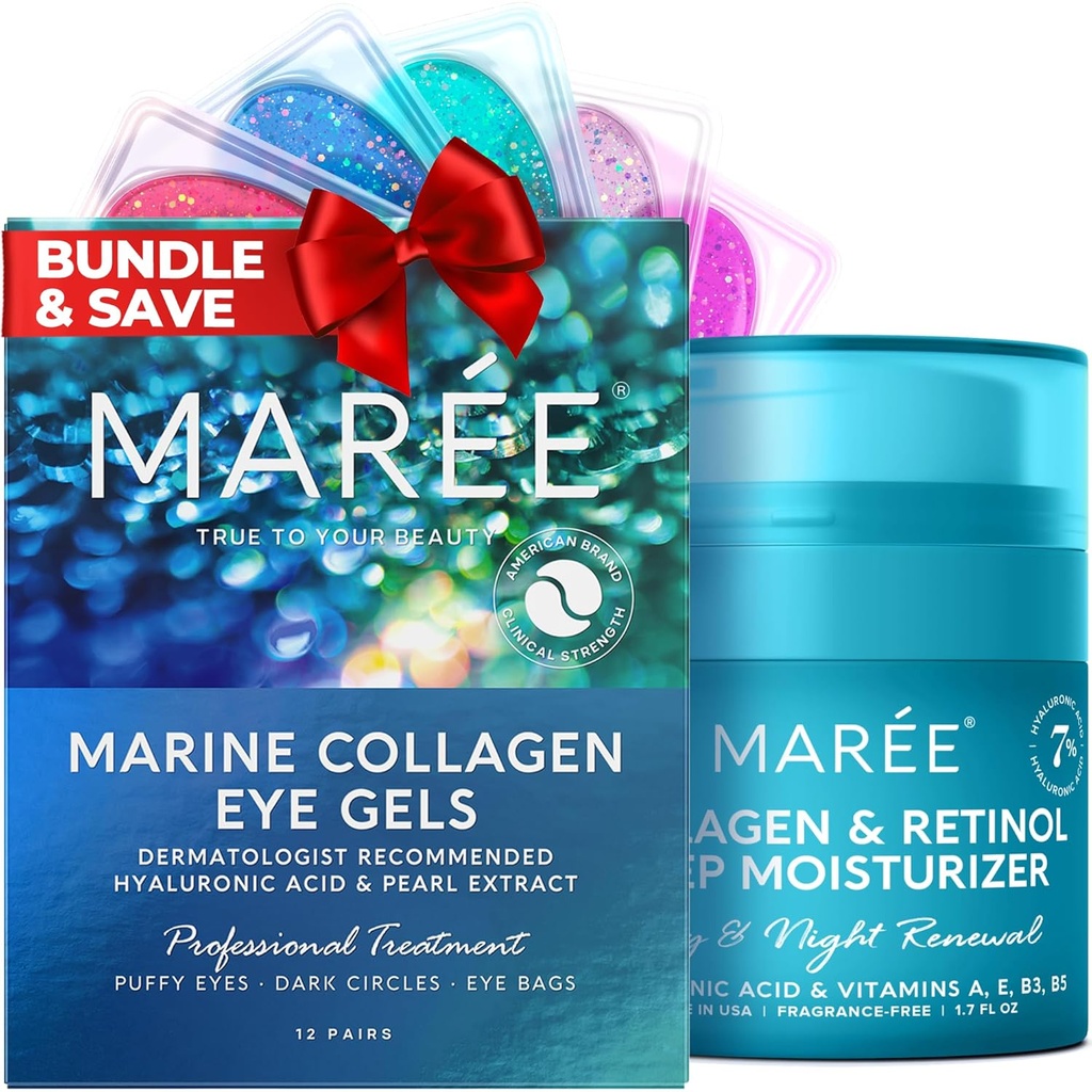 Geles de olho MAREE & Colágeno Moisturizer Face Cream Bundle - Sob Geles de olho para olhos Puffy e círculos escuros, Anti Envelhecimento Face Creme com efeito hidratante - Colágeno marinho & Ácido hialurônico, Retinol