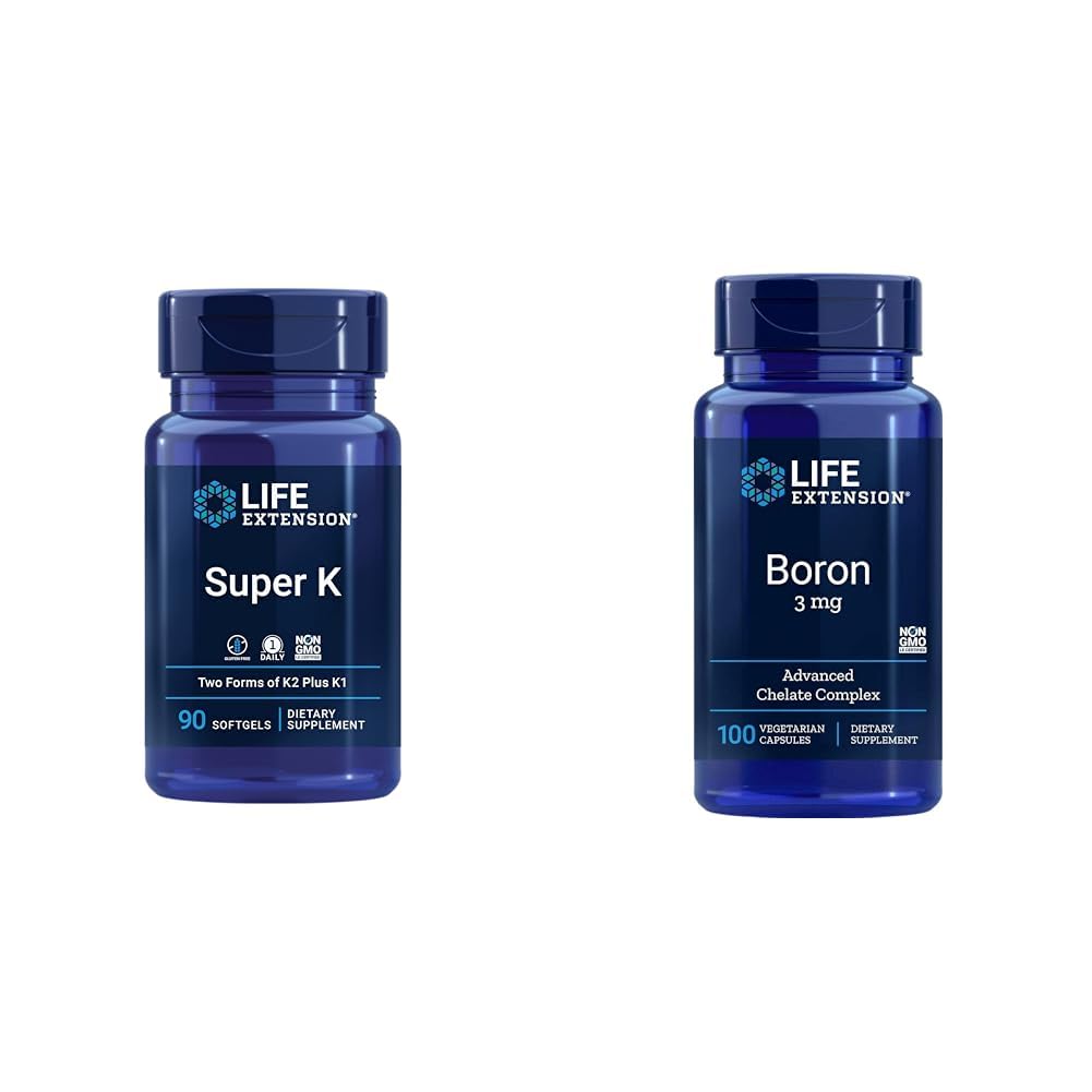 Extensão de vida Super K Vitamina K1, K2 MK-7, MK-4, Vitamina C, Saúde Óssea/Coração, Fonte de 3 meses e Boron 3 Mg 100 Cápsulas Vegetarianas