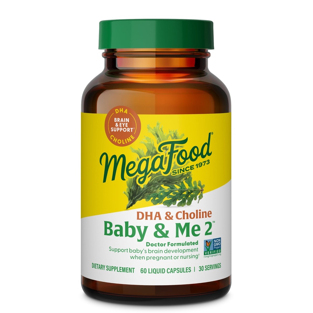 MegaFood Baby & Me 2 Vitaminas pré-natais para mulheres, DHA & Suplementos de colina, líquido DHA e cholina para o desenvolvimento do cérebro do bebê e olho durante a gravidez, Vegan, 60 Cápsulas (30 Servings)