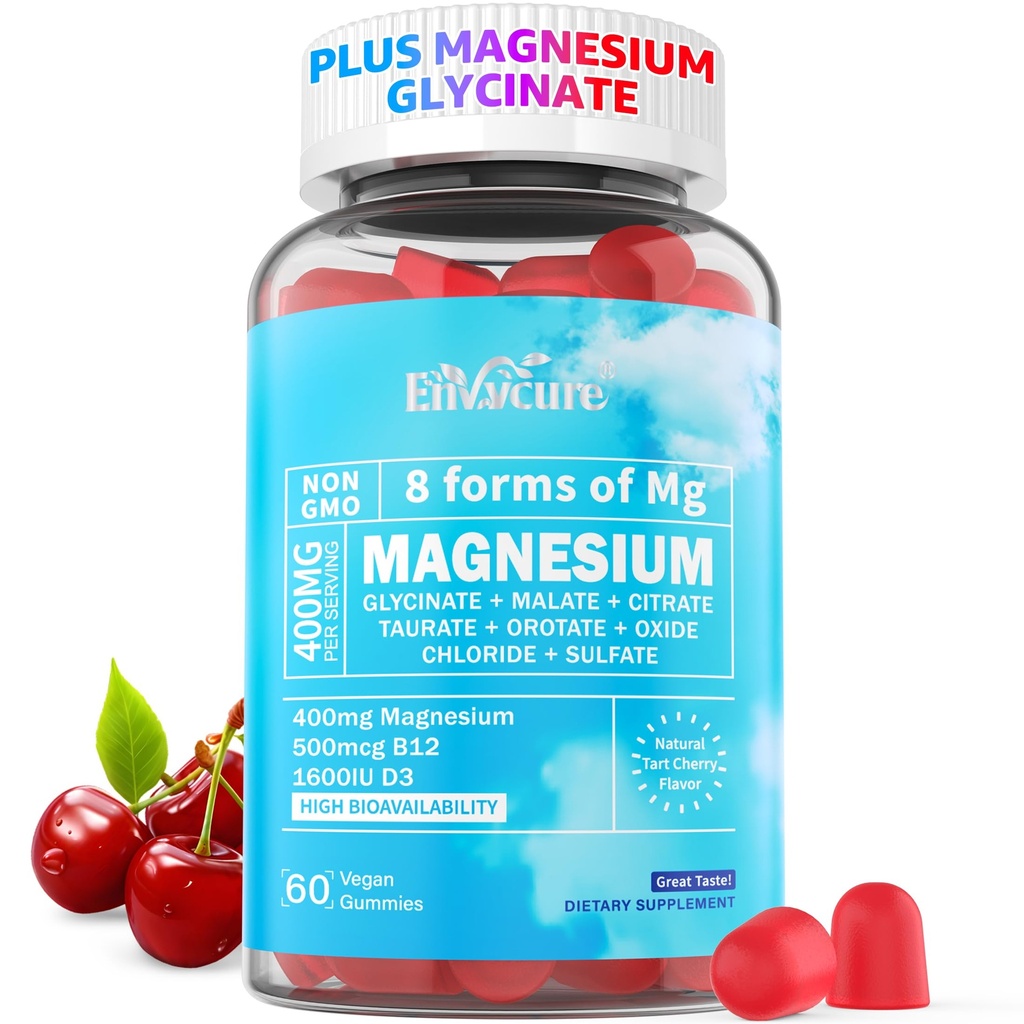Gummies de magnésio 400mg como 8 Formas de glicinato de magnésio, malato, citrato, taurate, óxido, e mais com extrato de Ashwagandha, D3 & B12 Suporta para calma, Zzz, Mood, Cãibra muscular - Vegan 60 Cts