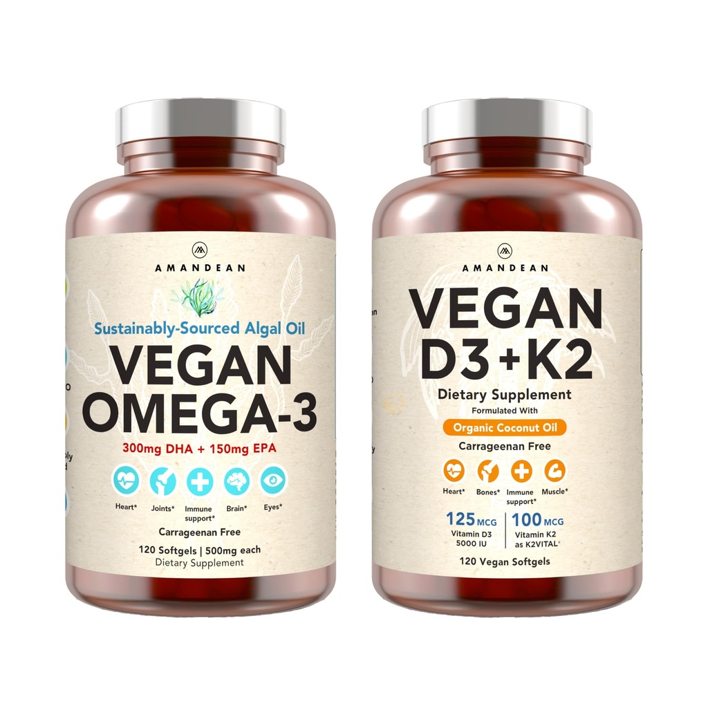 Vegan Powerhouse Combo. Omega-3 de óleo de algas e vitamina D3 + K2. Planta-baseada 5000 iu VIT D de algas. 100 mcg All-Trans MK-7 Vita K. Carrageenan Free Veggie Softgels.
