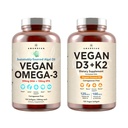 Vegan Powerhouse Combo. Omega-3 de óleo de algas e vitamina D3 + K2. Planta-baseada 5000 iu VIT D de algas. 100 mcg All-Trans MK-7 Vita K. Carrageenan Free Veggie Softgels.