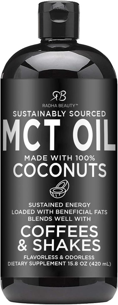 Radha Beauty Premium MCT Oil Made only from Non-GMO Coconuts - 15.8 oz. Keto, Paleo, Gluten Free e Vegan Aprovado.