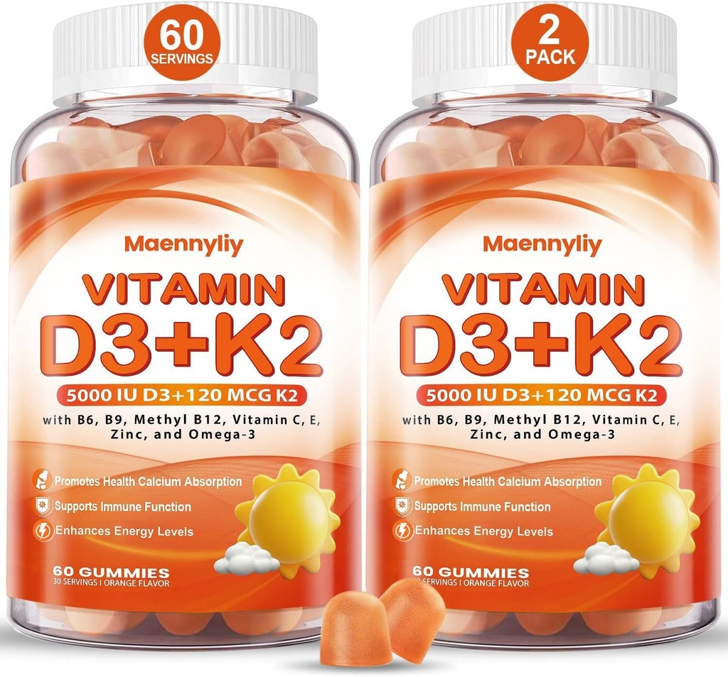 Vitamina D3 K2 Gummies para Adultos - Vitamina D3 5000UI + K2 (MK-7) 120mcg - Suplementos sem açúcar D3 e K2 com Omega-3, Metil B12, B9, B6, Vitaminas E & Zinco - para Absorção de cálcio e Saúde Imune